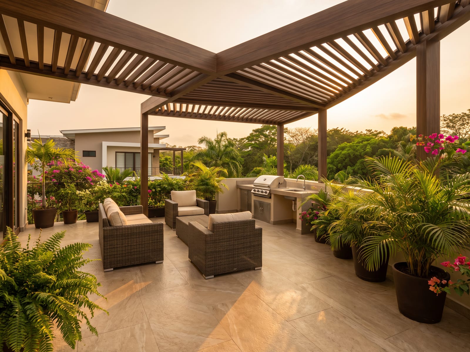 Terraza exterior con pérgola en una vivienda de Panamá