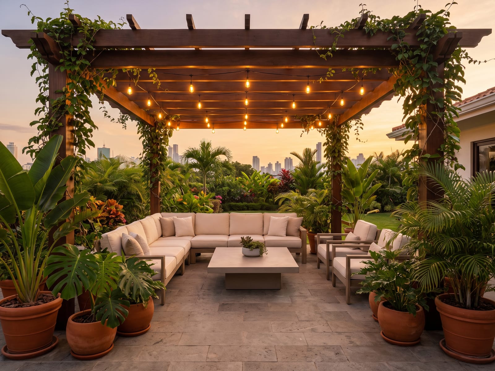 Pérgola con estructura de metal sobre una terraza exterior